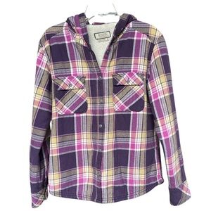 Boston Traders Women Flannel Sherpa Lined Jacket Size M Hood Buttons “90s Plaid”